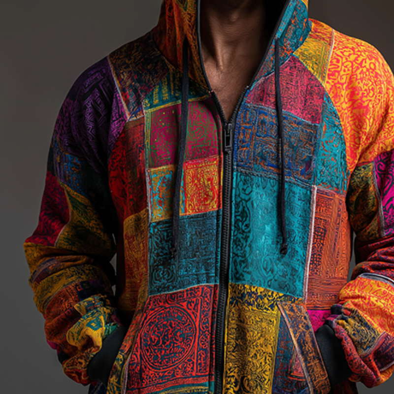 Men's Retro Casual Hippie Print Zipper Hooded Sweatshirt MTA0726H4TO