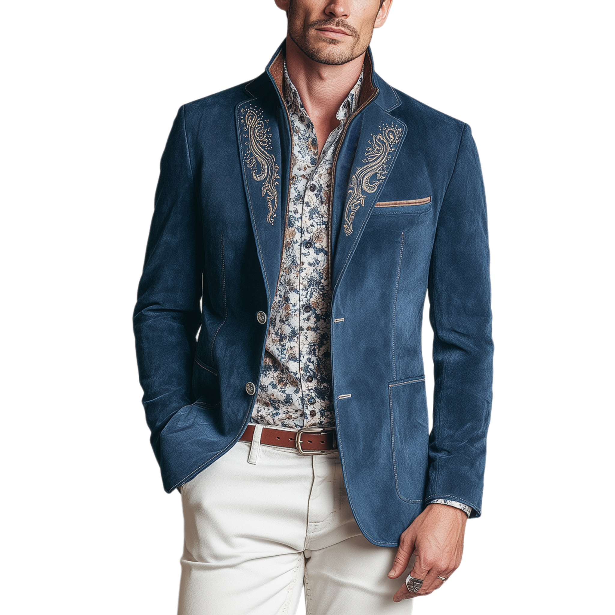 Men's Classic American Retro Embroidered Suede Patchwork Stand Collar Jacket Style Blazer MTA1851H0K