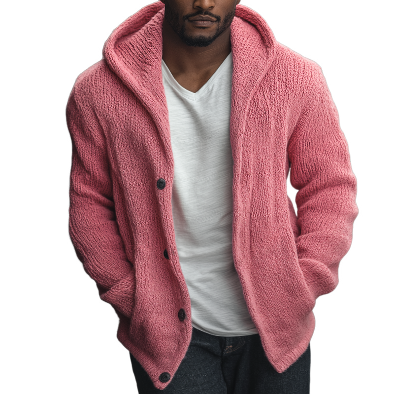 Men's Retro Casual Solid Color Knitted Hooded Button Cardigan MTA0499I0TO