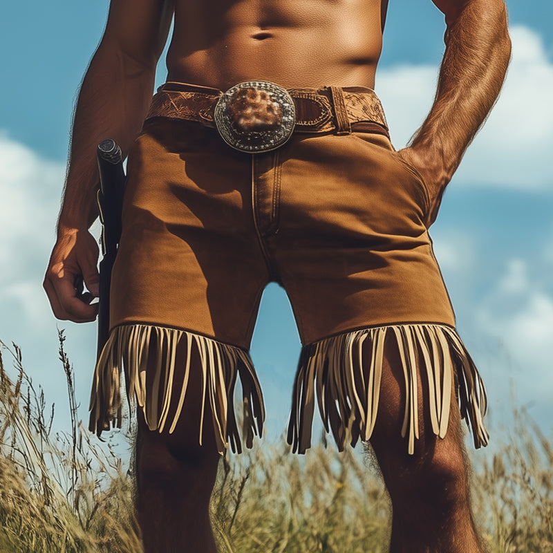 Men's Summer Western Cowboy Style Light Suede Fringe Shorts MTA1552E1U