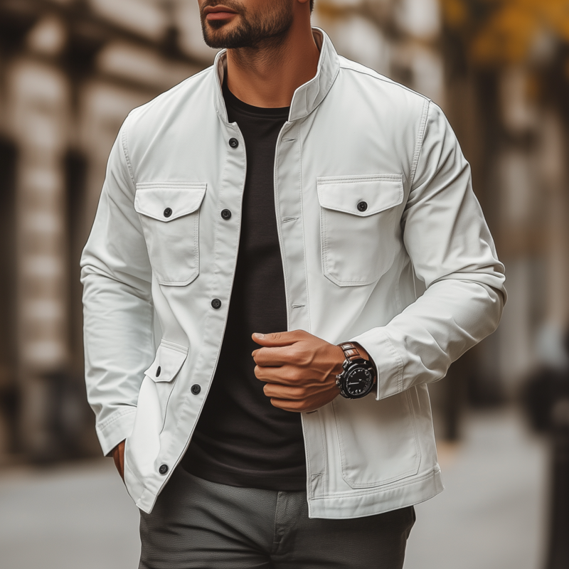 Men's Casual Outdoor Solid Color Breathable Cotton Stand Collar Single Breasted Multi-Pocket Workwear Jacket MTA2545G2M