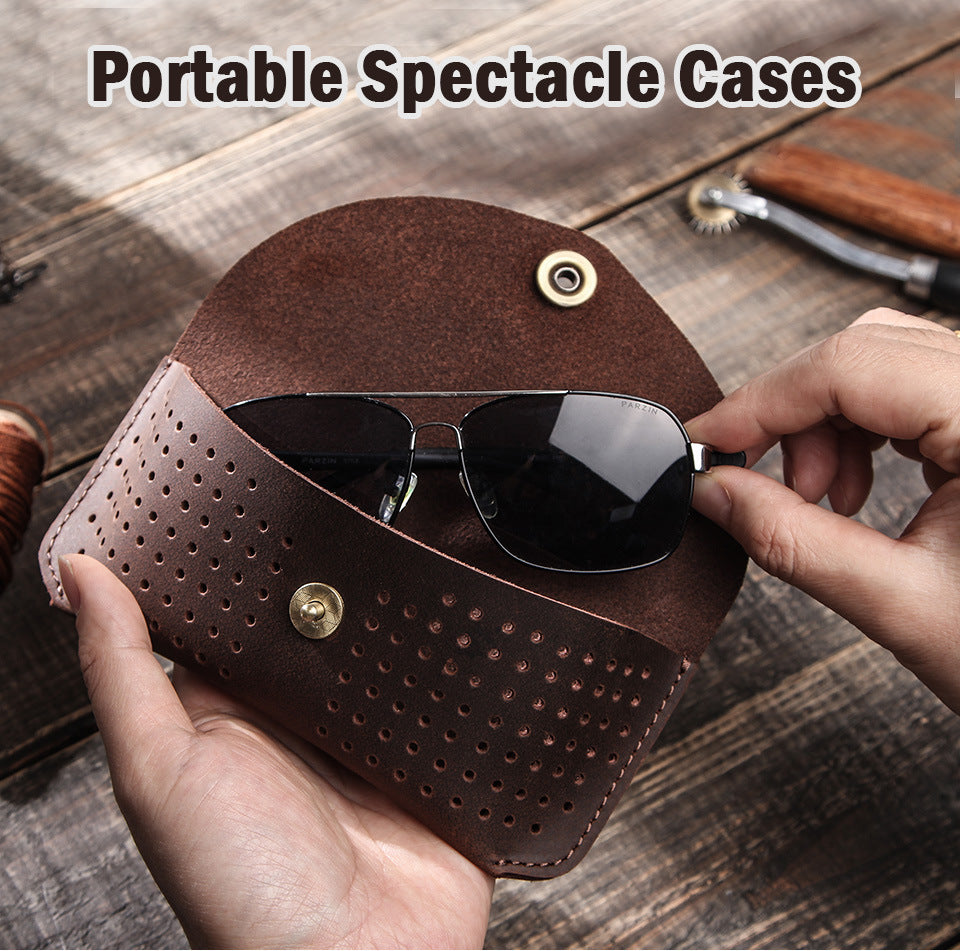 Men's Portable Top Layer Cowhide Hollow Glasses Storage Bag 92305184K