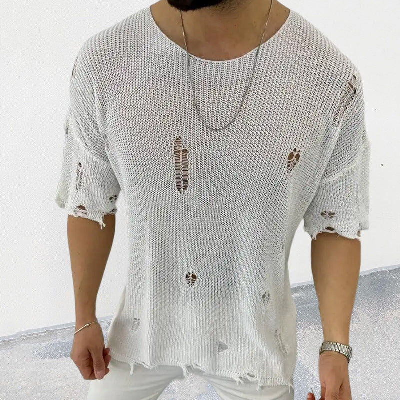 Men's Spring and Summer Fashion Casual Ripped Knitted Long Sleeve T-shirt MTA1499C6K