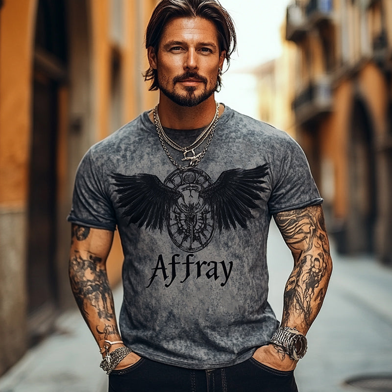 Men's Dark Gray Vintage Printed Round Neck Casual T-Shirt MTA1487C0U