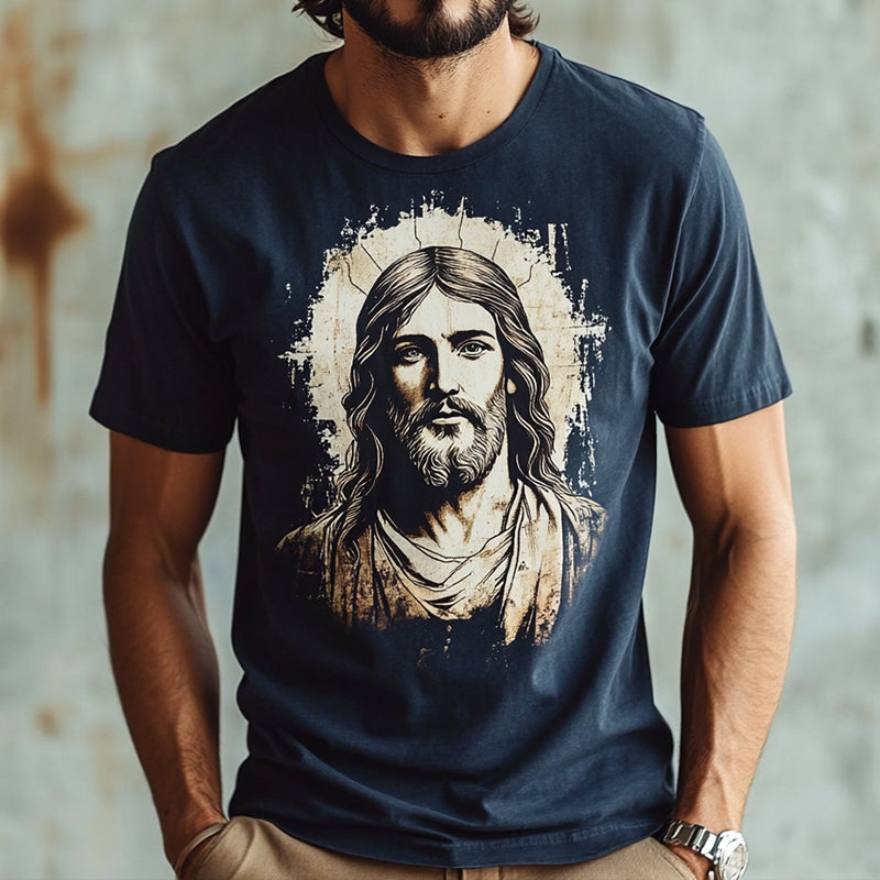 Men's Retro Casual Jesus Printed Round Neck Short Sleeve T-Shirt MTA1449C0TO