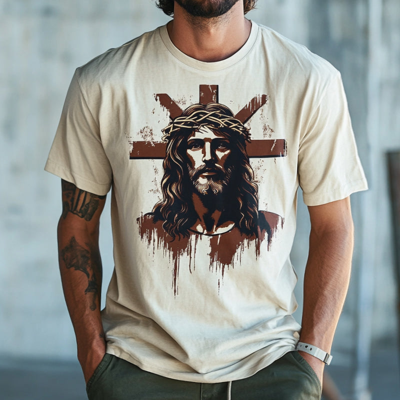 Men's Retro Casual Jesus Printed Round Neck Short Sleeve T-Shirt MTA1488C7TO