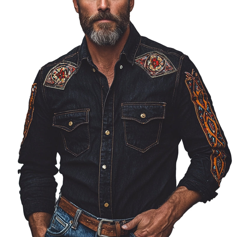 Men's Vintage Embroidered Lapel Long Sleeve Denim Shirt MTA1476C1X