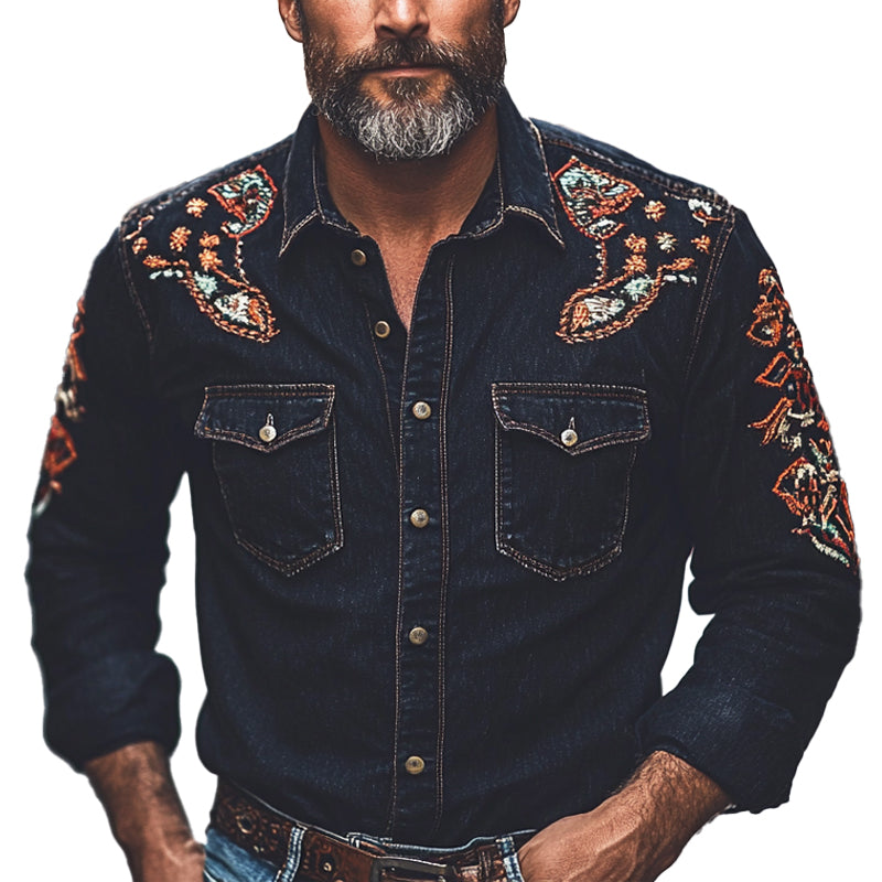 Men's Vintage Embroidered Long Sleeve Denim Shirt MTA1430C1X