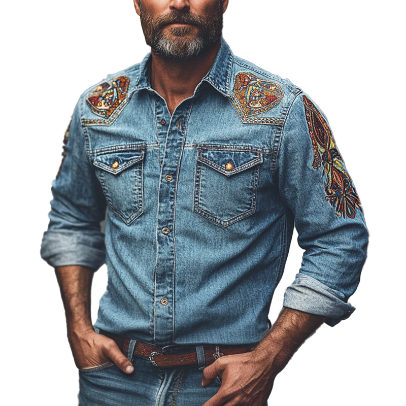 Men's Vintage Denim Embroidered Long Sleeve Shirt MTA1453C7X