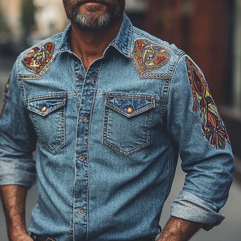 Men's Vintage Denim Embroidered Long Sleeve Shirt MTA1453C7X