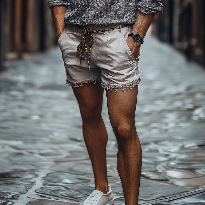 Men's Classic Casual Fashion Linen Tassel Shorts MTA1733C8K