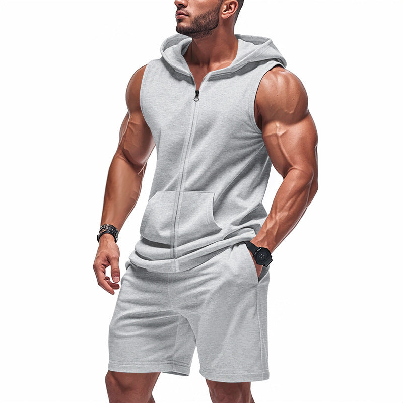 Men's Solid Color Sports Sleeveless Hoody Shorts Two-Piece Set MTA1799C1X