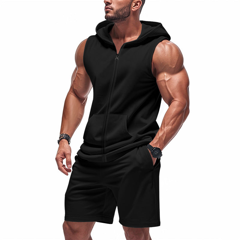 Men's Solid Color Sports Sleeveless Hoody Shorts Two-Piece Set MTA1799C1X