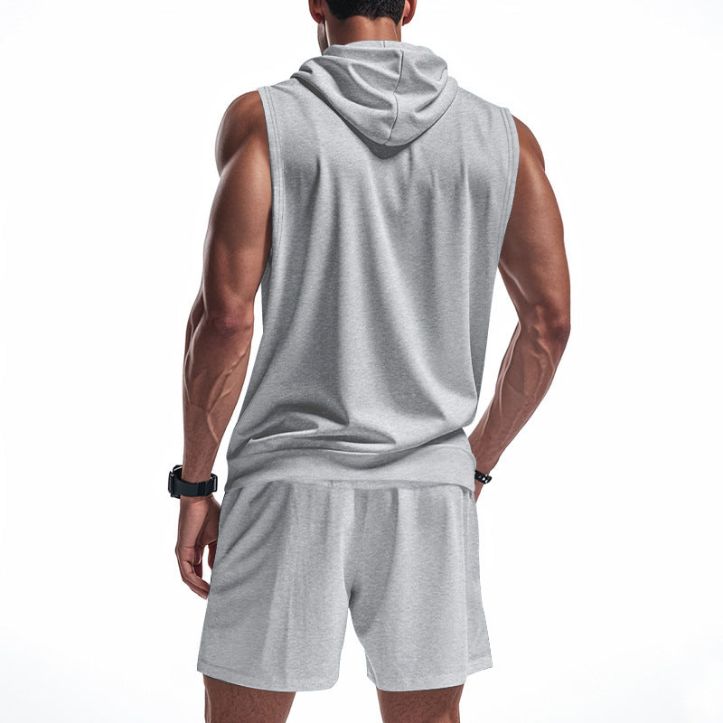 Men's Solid Color Sports Sleeveless Hoody Shorts Two-Piece Set MTA1799C1X