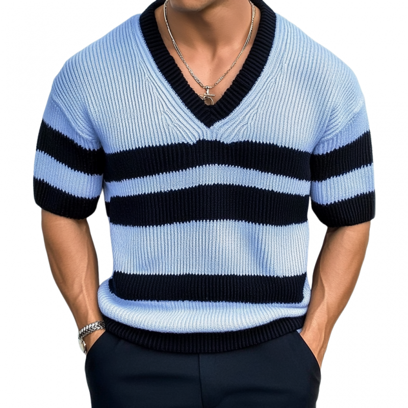 Men's Casual Contrast Color Striped V-Neck Loose Knitted Short-Sleeve Sweater MTA1799C6M