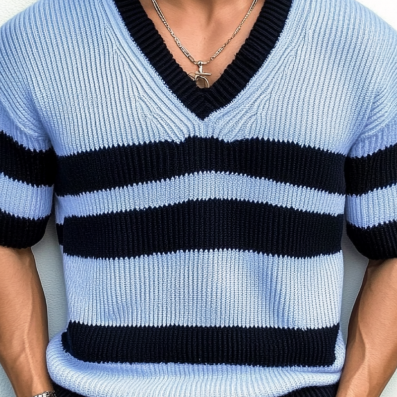 Men's Casual Contrast Color Striped V-Neck Loose Knitted Short-Sleeve Sweater MTA1799C6M