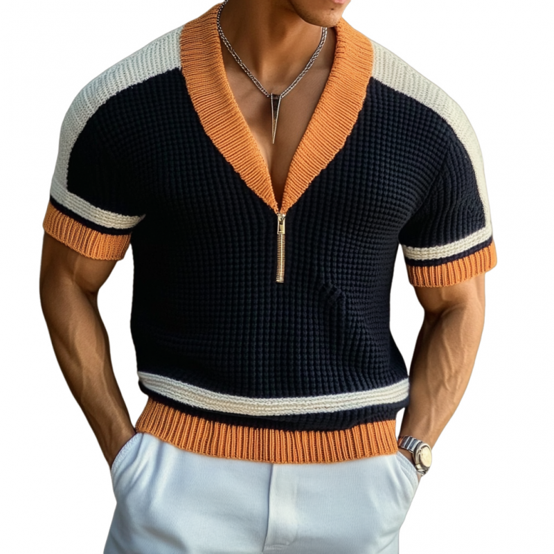 Men's Casual Contrast Color Zip V-Neck Loose Knitted Short Sleeve Sweater T-Shirt MTA1791C8M