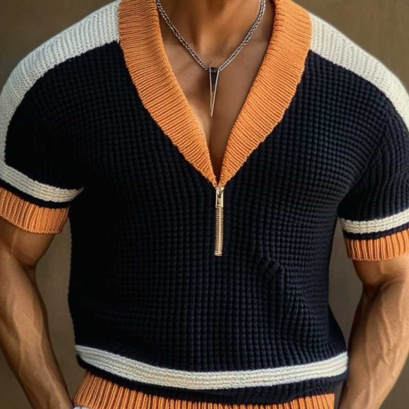 Men's Casual Contrast Color Zip V-Neck Loose Knitted Short Sleeve Sweater MTA1791C8M