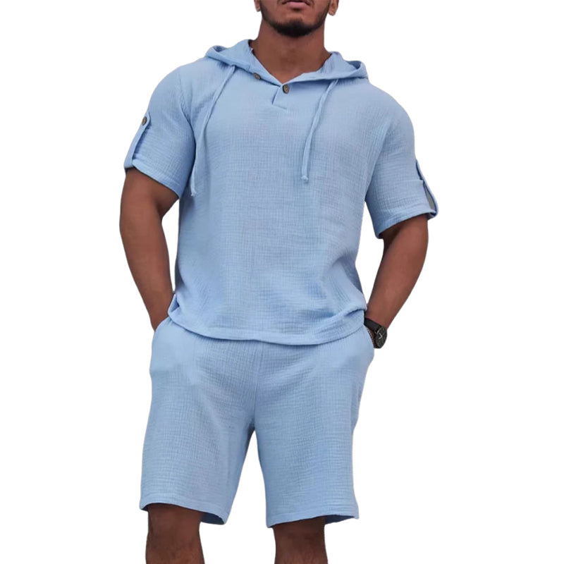 Men's Cotton And Linen Solid Color Short-Sleeved Shorts Two-Piece Set MTA1737C2X