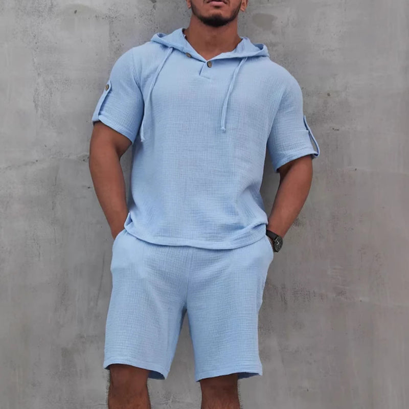 Men's Cotton And Linen Solid Color Short-Sleeved Shorts Two-Piece Set MTA1737C2X