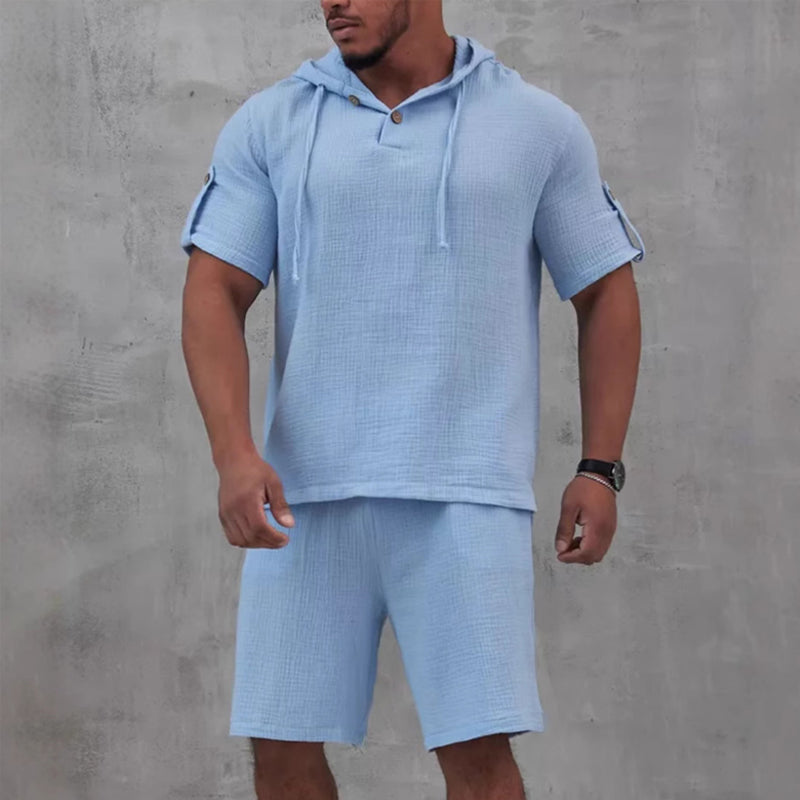 Men's Cotton And Linen Solid Color Short-Sleeved Shorts Two-Piece Set MTA1737C2X