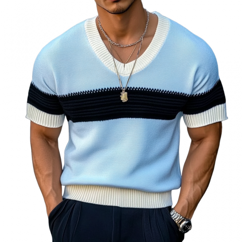 Men's Casual Contrast Color U-Neck Slim Fit Knitted Short Sleeve Sweater MTA1723C5M