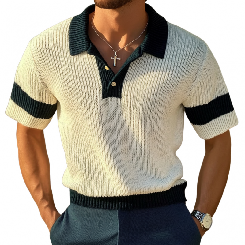 Men's Casual Contrast Lapel Slim Fit Knitted Short Sleeve Polo Shirt MTA1779C3M