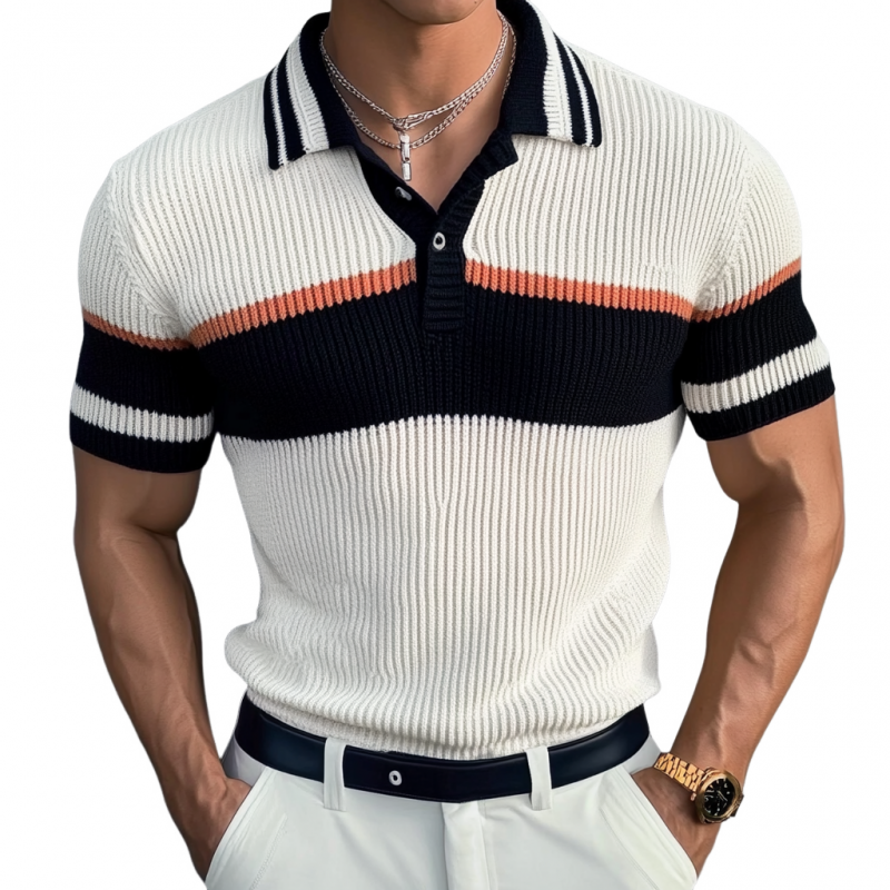 Men's Casual Contrast Lapel Slim Fit Knitted Short Sleeve Polo Shirt MTA1775C7M