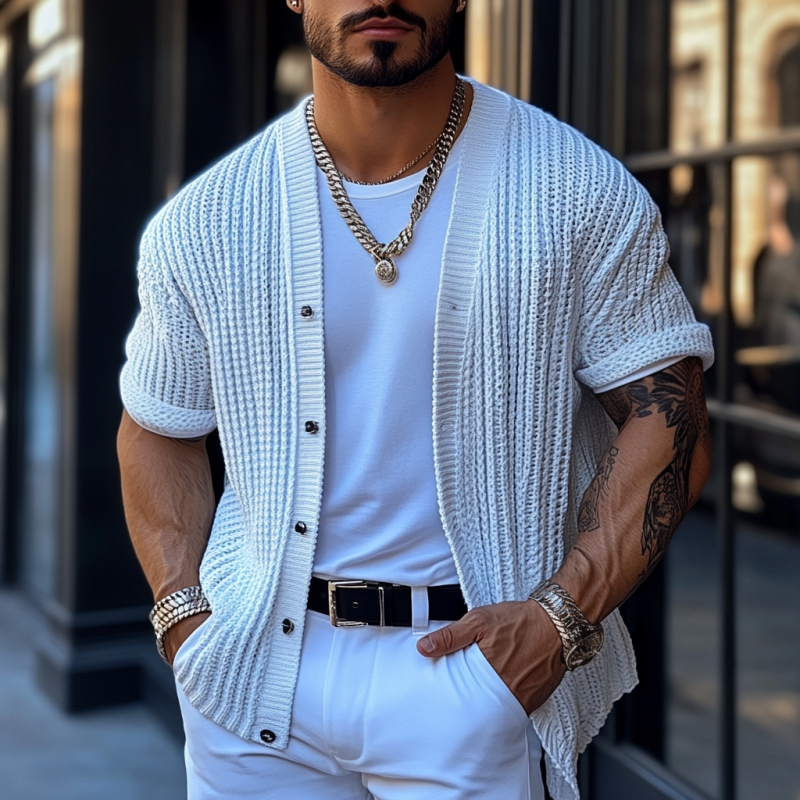 Men's Casual Solid Color Single Breasted Loose Knitted Short Sleeve Cardigan MTA1798C4M