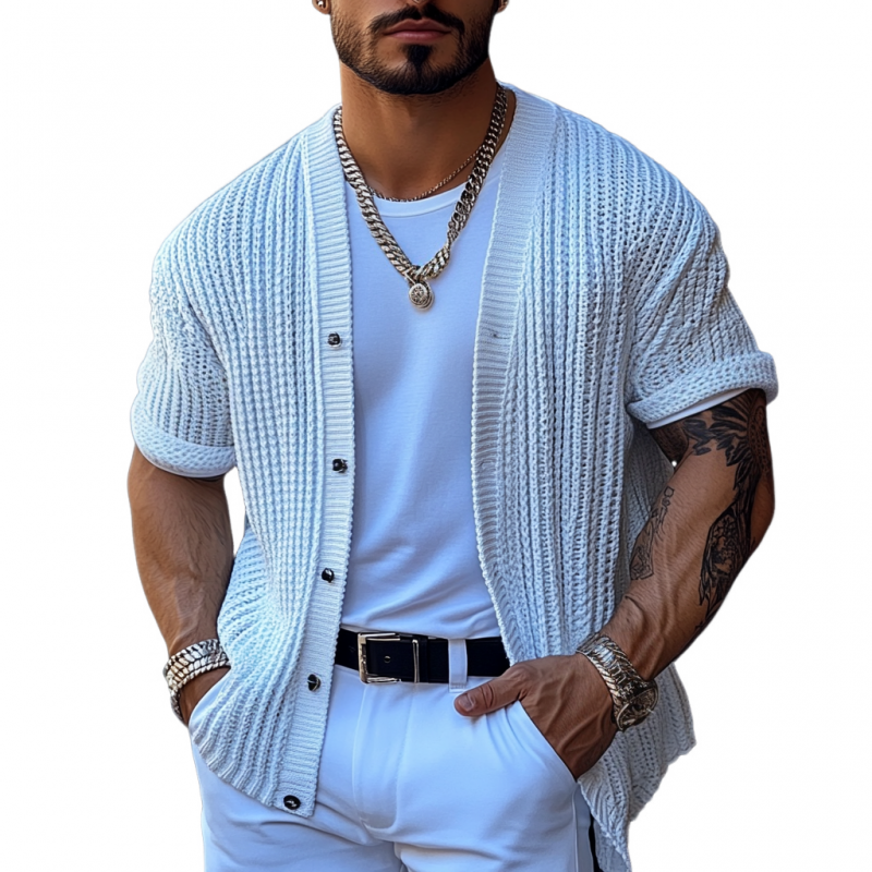 Men's Casual Solid Color Single Breasted Loose Knitted Short Sleeve Cardigan MTA1798C4M