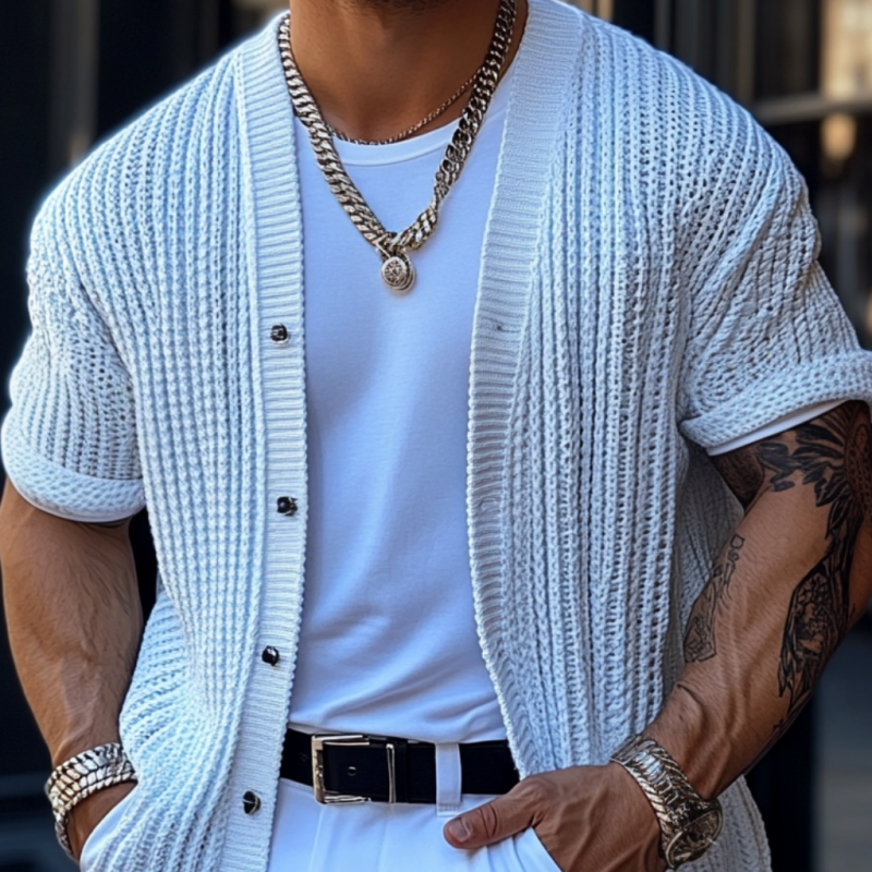 Men's Casual Solid Color Single Breasted Loose Knitted Short Sleeve Cardigan MTA1798C4M