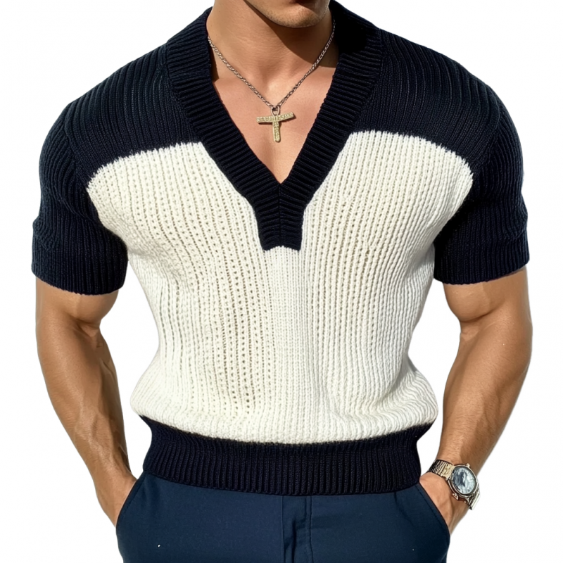 Men's Casual Contrast Color V-Neck Slim Fit Knitted Short Sleeve Sweater T-Shirt MTA1727C6M