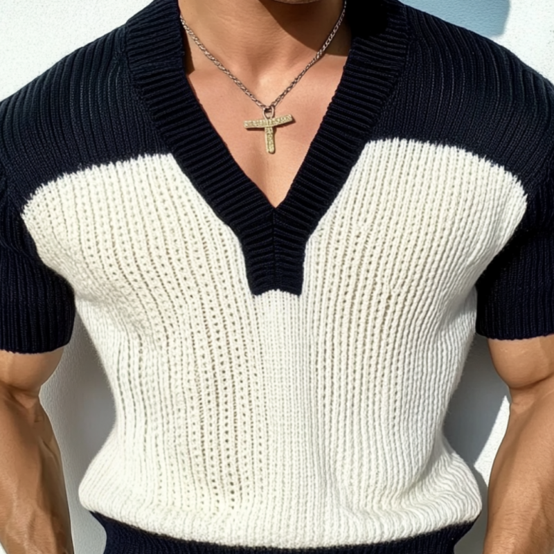 Men's Casual Contrast Color V-Neck Slim Fit Knitted Short Sleeve Sweater MTA1727C6M