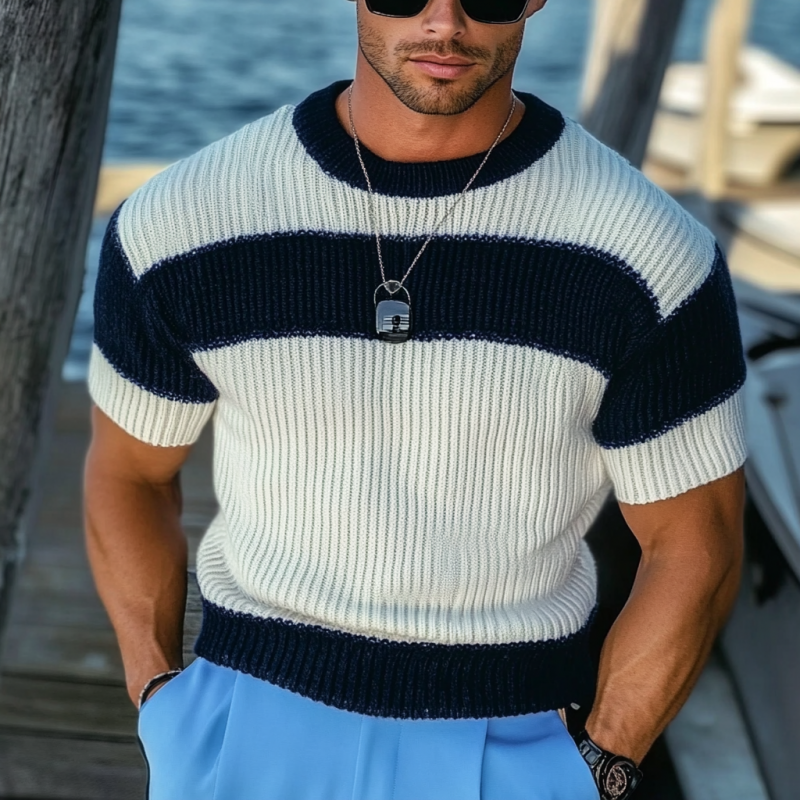 Men's Casual Contrast Color Round Neck Slim Fit Knitted Short Sleeve Sweater MTA1786C7M