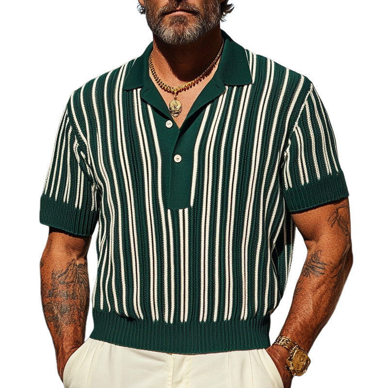 Men's Retro Green Vertical Striped Knitted T-Shirt MTA1718C9U