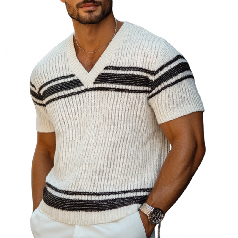 Men's Casual Contrast Color V-Neck Loose Knitted Short-Sleeved Sweater T-Shirt MTA1334C4M