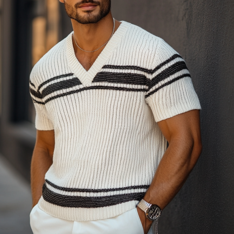 Men's Casual Contrast Color V-Neck Loose Knitted Short-Sleeved Sweater T-Shirt MTA1334C4M