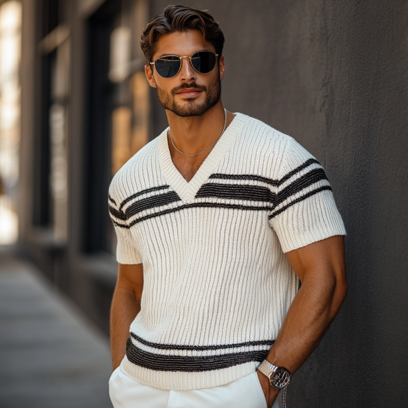 Men's Casual Contrast Color V-Neck Loose Knitted Short-Sleeved Sweater MTA1334C4M