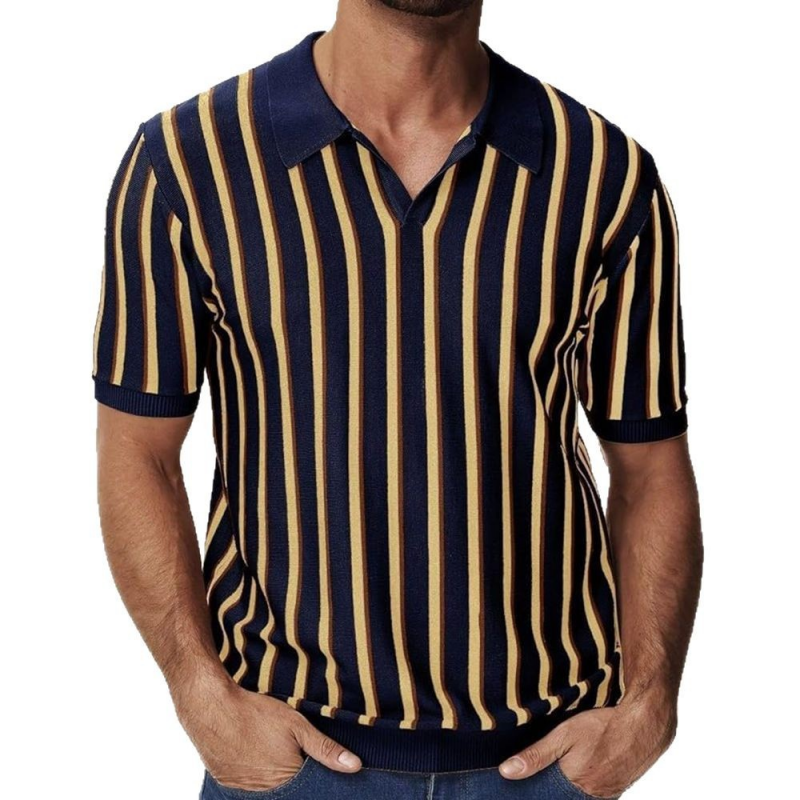 Men's Casual Contrast Color Striped Lapel Knitted Loose Short-Sleeve Polo Shirt MTA1402C0M