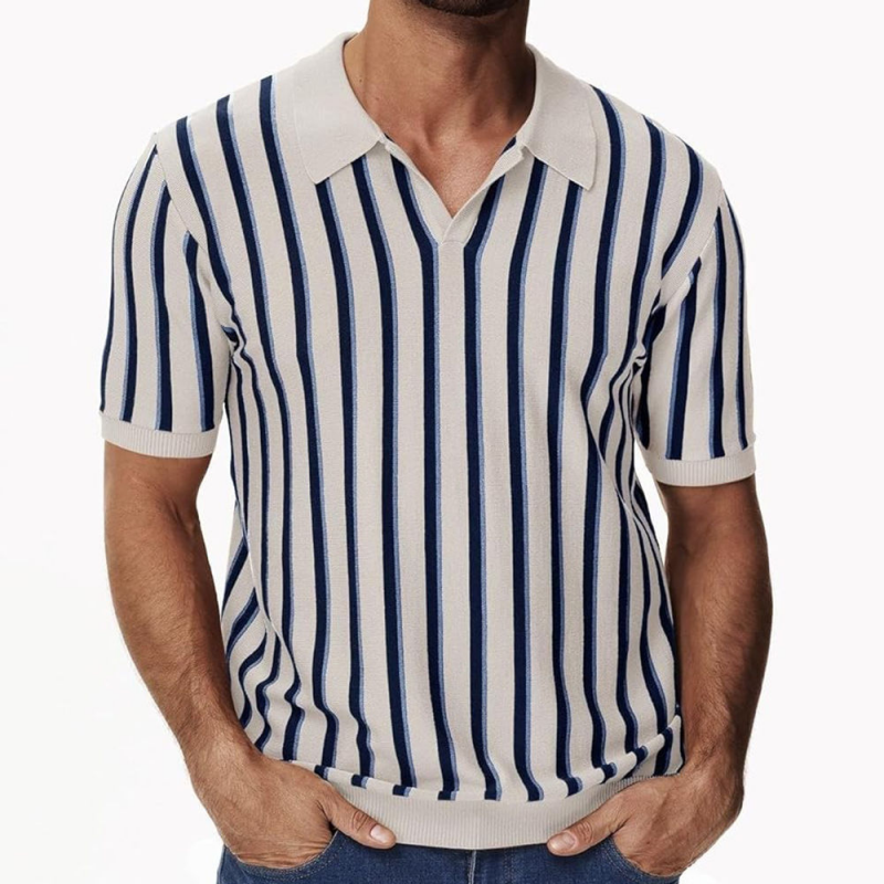 Men's Casual Contrast Color Striped Lapel Knitted Loose Short-Sleeve Polo Shirt MTA1402C0M