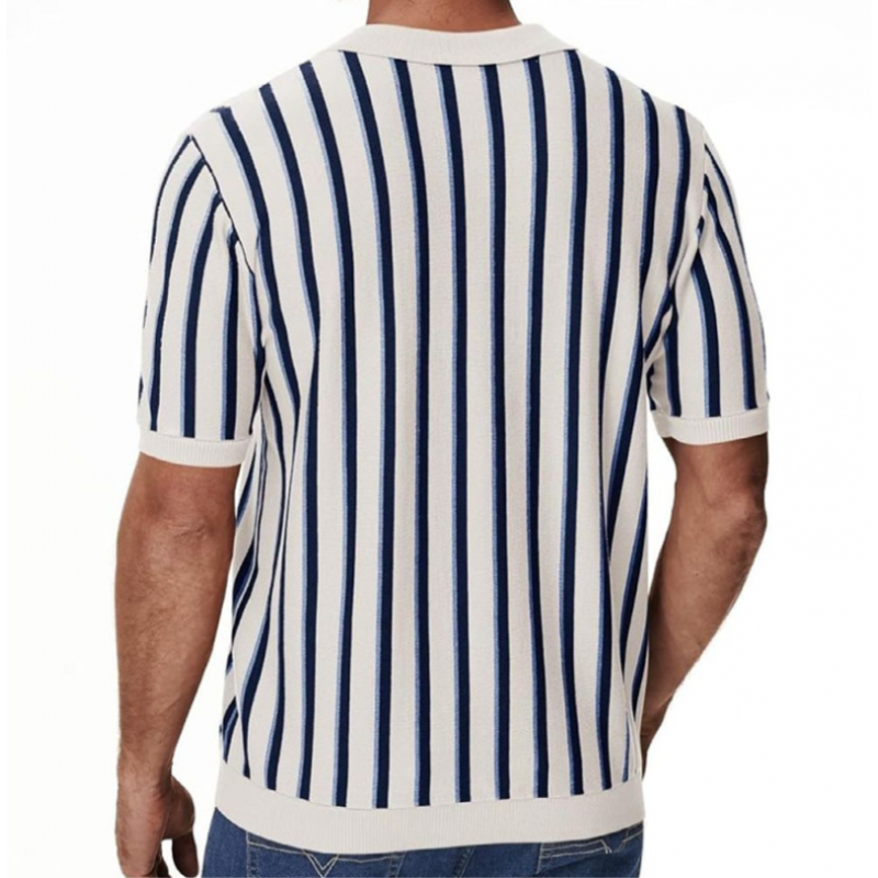 Men's Casual Contrast Color Striped Lapel Knitted Loose Short-Sleeve Polo Shirt MTA1402C0M