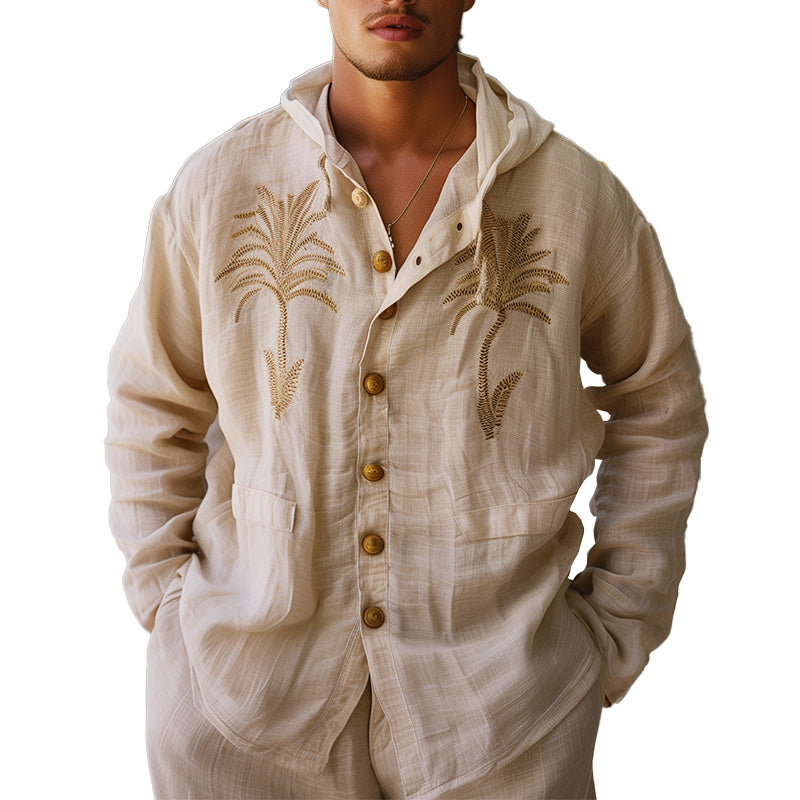 Men's Palm Leaf Embroidered Linen Hooded Shirt MTA1722C7P