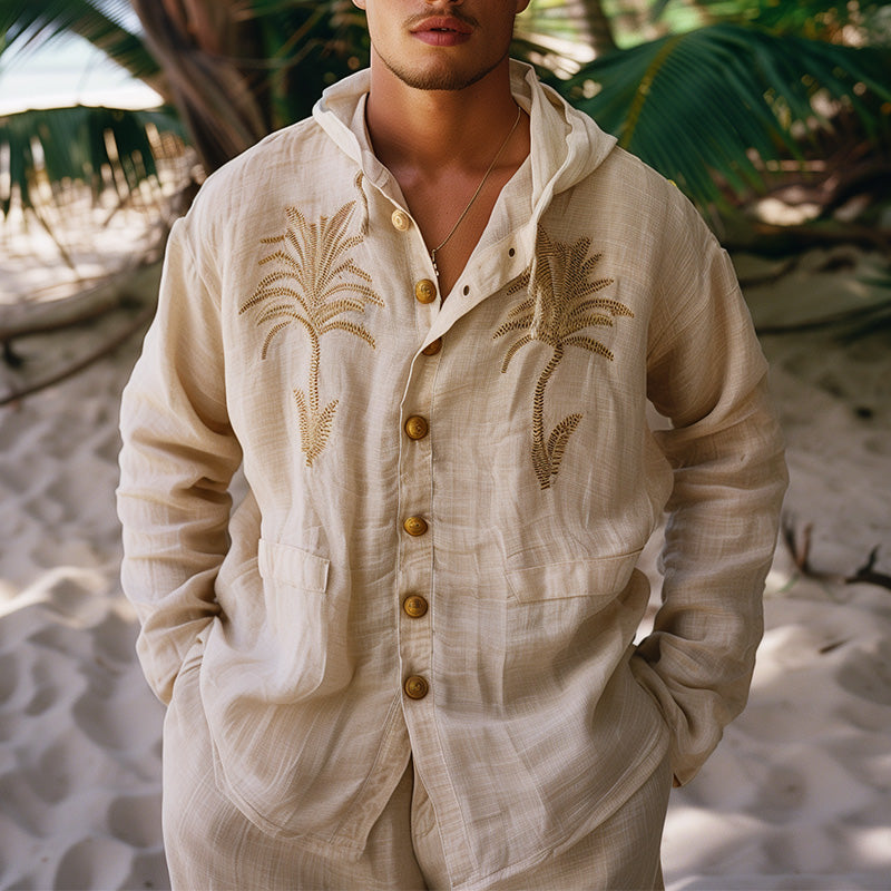 Men's Palm Leaf Embroidered Linen Hooded Shirt MTA1722C7P