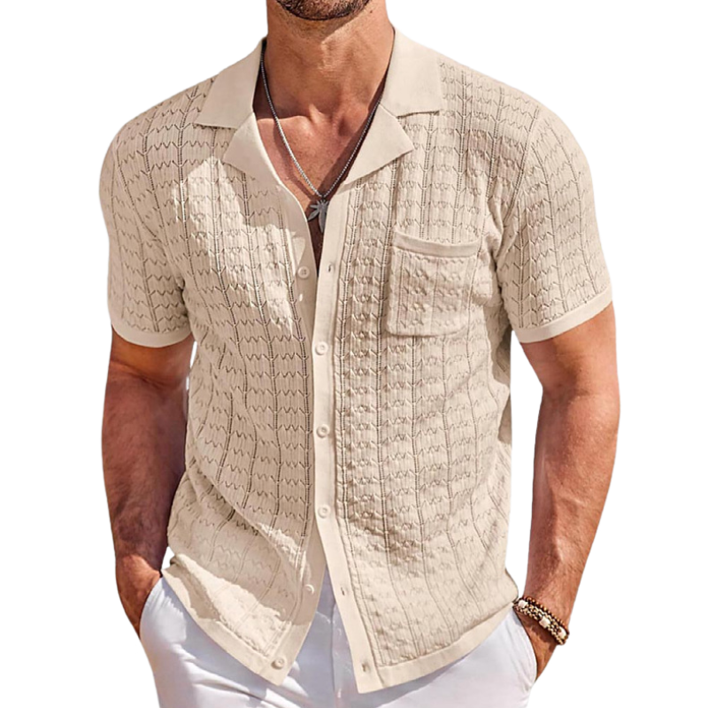 Men's Casual Lapel Hollow Jacquard Knitted Slim Fit Short Sleeve Cardigan MTA1458C7M