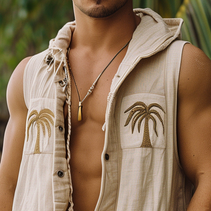 Men's Palm Leaf Embroidered Raw Edge Hooded Vest MTA1709C8P