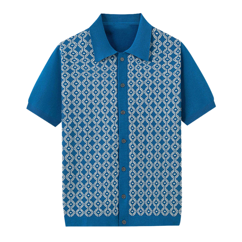 Men's Vintage Jacquard Lapel Single-Breasted Knitted Slim Short Sleeve Cardigan MTA1409C8M