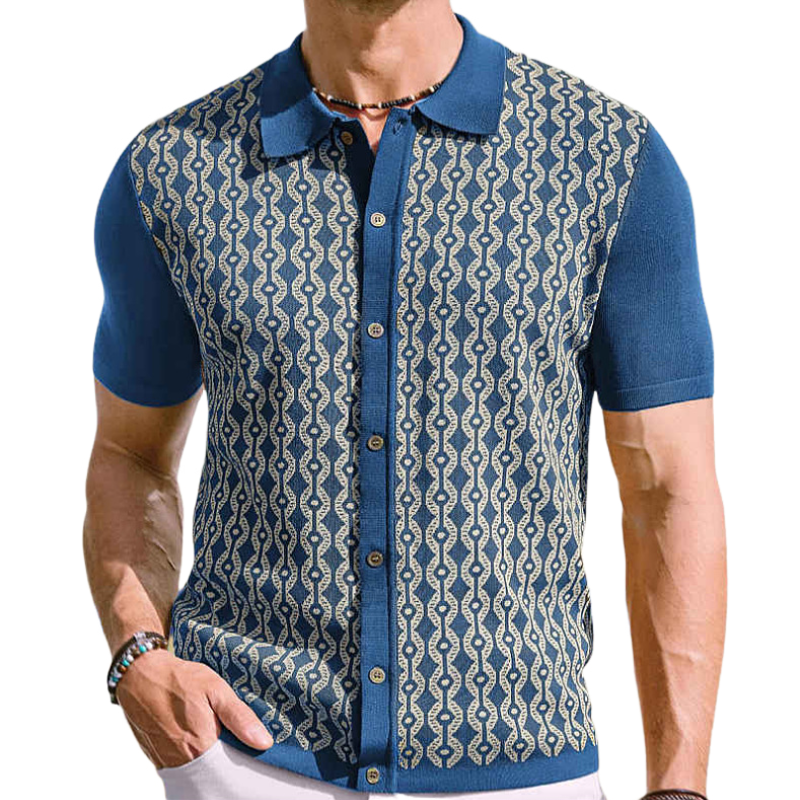 Men's Vintage Jacquard Lapel Single-Breasted Knitted Slim Short Sleeve Cardigan MTA1409C8M