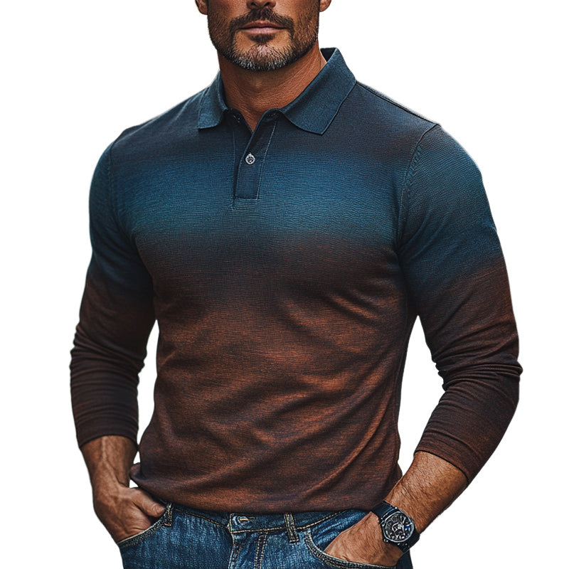 Men's Retro Gradient Colorblock Print Polo Neck Slim Fit T-Shirt MTA1764C7U