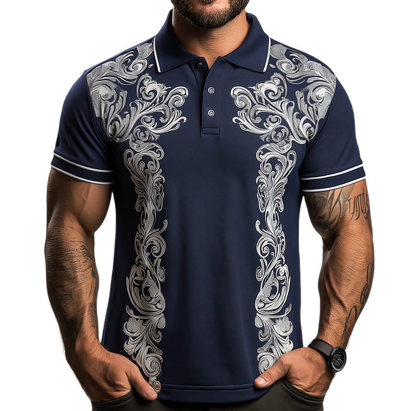 Men's Retro Casual Baroque Palace Print Short Sleeve Polo Shirt MTA1733C1TO