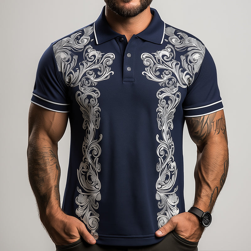 Men's Retro Casual Baroque Palace Print Short Sleeve Polo Shirt MTA1733C1TO